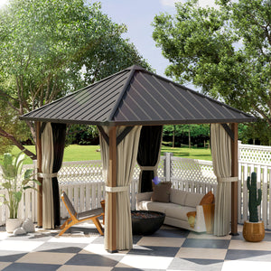 10' x 10' Hardtop Gazebo with Galvanized Steel Roof, Permanent Pavilion Outdoor Gazebo with Netting and Curtains for Patio, Garden, Backyard, Lawn, Wood Finish