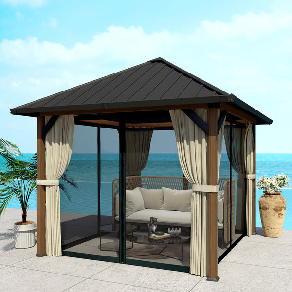 10' x 10' Hardtop Gazebo with Galvanized Steel Roof, Permanent Pavilion Outdoor Gazebo with Netting and Curtains for Patio, Garden, Backyard, Lawn, Wood Finish