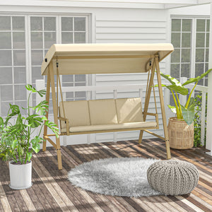 Outsunny 3-Seat Outdoor Porch Swing with Stand, Heavy Duty Patio Swing Chair with Adjustable Canopy, Removable Cushions, Breathable Mesh Seat for Garden, Backyard, and Poolside, Beige