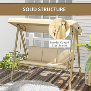 Outsunny 3-Seat Outdoor Porch Swing with Stand, Heavy Duty Patio Swing Chair with Adjustable Canopy, Removable Cushions, Breathable Mesh Seat for Garden, Backyard, and Poolside, Beige