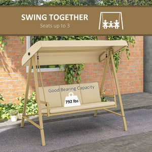 Outsunny 3-Seat Outdoor Porch Swing with Stand, Heavy Duty Patio Swing Chair with Adjustable Canopy, Removable Cushions, Breathable Mesh Seat for Garden, Backyard, and Poolside, Beige