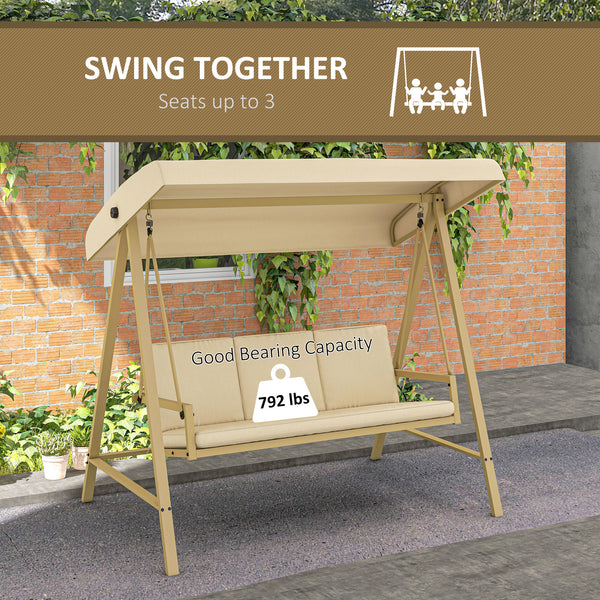 Outsunny 3-Seat Outdoor Porch Swing with Stand, Heavy Duty Patio Swing Chair with Adjustable Canopy, Removable Cushions, Breathable Mesh Seat for Garden, Backyard, and Poolside, Beige