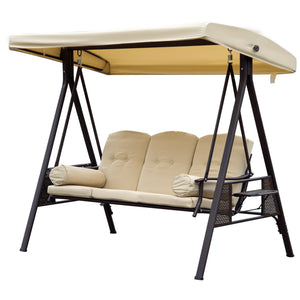 3 Seater Canopy Swing Chair, Outdoor Garden Swing Seat with Adjustable Canopy, Cushions and Cup Trays, Steel Frame, Beige