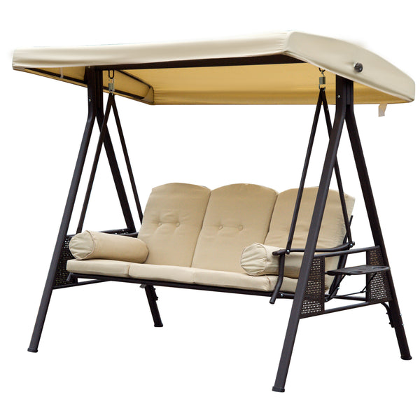 3 Seater Canopy Swing Chair, Outdoor Garden Swing Seat with Adjustable Canopy, Cushions and Cup Trays, Steel Frame, Beige