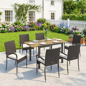 7 Piece Rattan Garden Furniture Set, 6 Seater Garden Table and 6 Stackable Chairs with Extendable Acacia Wood Tabletop, All-Weather Outdoor Furniture with Cushions for Patio, Cream White