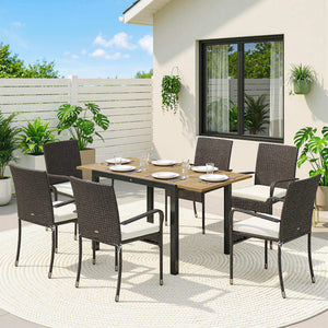 7 Piece Rattan Garden Furniture Set, 6 Seater Garden Table and 6 Stackable Chairs with Extendable Acacia Wood Tabletop, All-Weather Outdoor Furniture with Cushions for Patio, Cream White