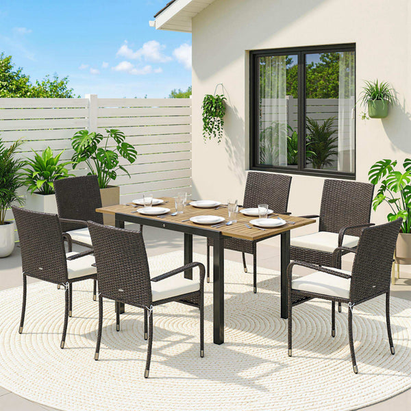 7 Piece Rattan Garden Furniture Set, 6 Seater Garden Table and 6 Stackable Chairs with Extendable Acacia Wood Tabletop, All-Weather Outdoor Furniture with Cushions for Patio, Cream White