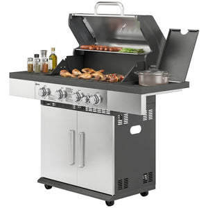 4+1 Burner Gas BBQ Grill, Portable Gas Barbecue Grill with Side Burner, Warming Rack, Side Shelf, Storage Cabinet, Thermometer, 4 Wheels, Tank Holder for Garden Party Outdoor Cooking