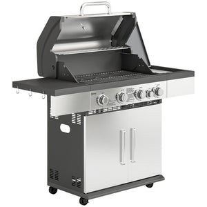 4+1 Burner Gas BBQ Grill, Portable Gas Barbecue Grill with Side Burner, Warming Rack, Side Shelf, Storage Cabinet, Thermometer, 4 Wheels, Tank Holder for Garden Party Outdoor Cooking