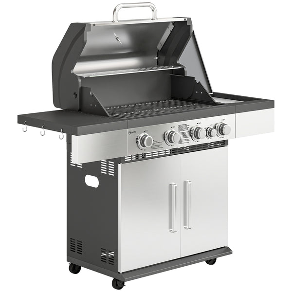 4+1 Burner Gas BBQ Grill, Portable Gas Barbecue Grill with Side Burner, Warming Rack, Side Shelf, Storage Cabinet, Thermometer, 4 Wheels, Tank Holder for Garden Party Outdoor Cooking