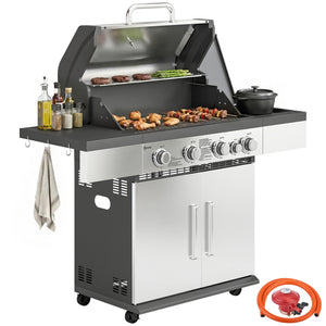 4+1 Burner Gas BBQ Grill, Portable Gas Barbecue Grill with Side Burner, Warming Rack, Side Shelf, Storage Cabinet, Thermometer, 4 Wheels, Tank Holder for Garden Party Outdoor Cooking