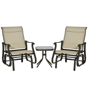 Set of 3 Gliding Chair & Tea Table Set, Outdoor Rocker Set with 2 Armchairs, Tempered Glass Tabletop, Khaki