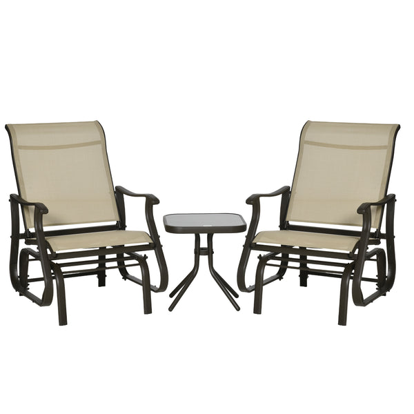 Set of 3 Gliding Chair & Tea Table Set, Outdoor Rocker Set with 2 Armchairs, Tempered Glass Tabletop, Khaki