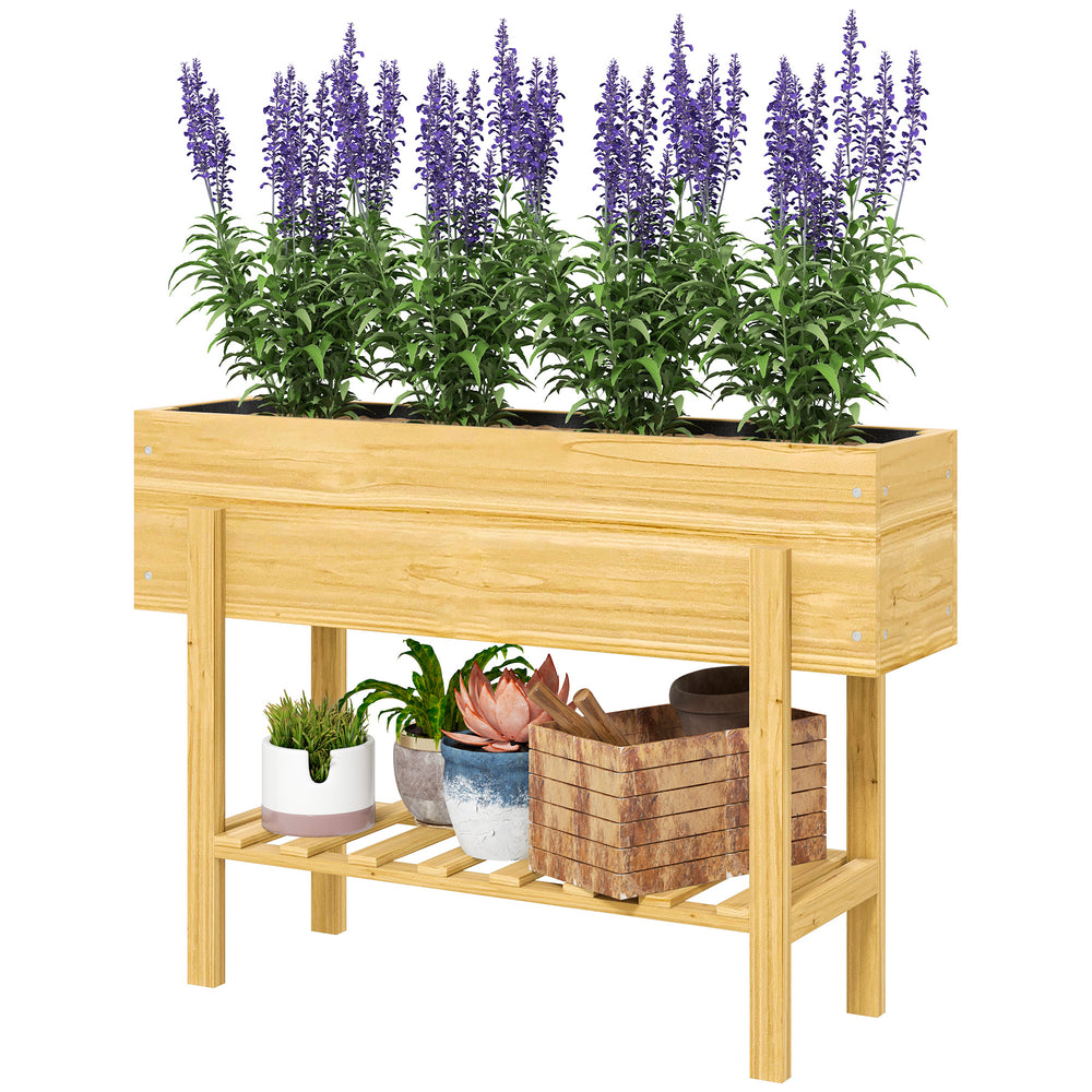 Raised Garden Bed with Legs, 39" x 12" x 28" Elevated Wooden Planter Box with Storage Shelf, Bed Liner and Drainage Holes for Backyard Patio Lawn, Natural Wood