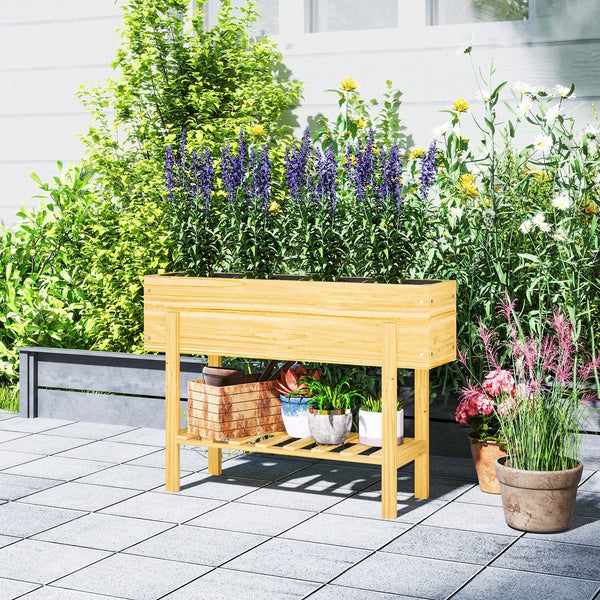 Raised Garden Bed with Legs, 39" x 12" x 28" Elevated Wooden Planter Box with Storage Shelf, Bed Liner and Drainage Holes for Backyard Patio Lawn, Natural Wood