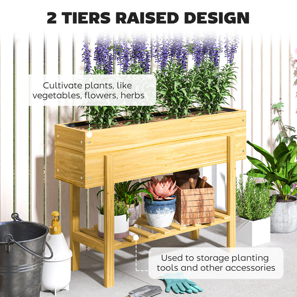 Raised Garden Bed with Legs, 39" x 12" x 28" Elevated Wooden Planter Box with Storage Shelf, Bed Liner and Drainage Holes for Backyard Patio Lawn, Natural Wood