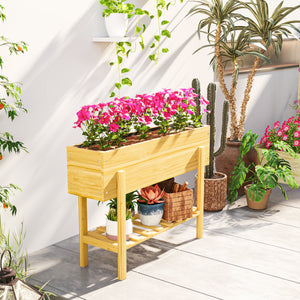 Raised Garden Bed with Legs, 39" x 12" x 28" Elevated Wooden Planter Box with Storage Shelf, Bed Liner and Drainage Holes for Backyard Patio Lawn, Natural Wood