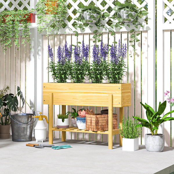 Raised Garden Bed with Legs, 39" x 12" x 28" Elevated Wooden Planter Box with Storage Shelf, Bed Liner and Drainage Holes for Backyard Patio Lawn, Natural Wood