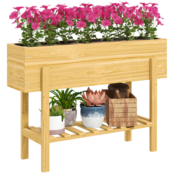 Raised Garden Bed with Legs, 39" x 12" x 28" Elevated Wooden Planter Box with Storage Shelf, Bed Liner and Drainage Holes for Backyard Patio Lawn, Natural Wood