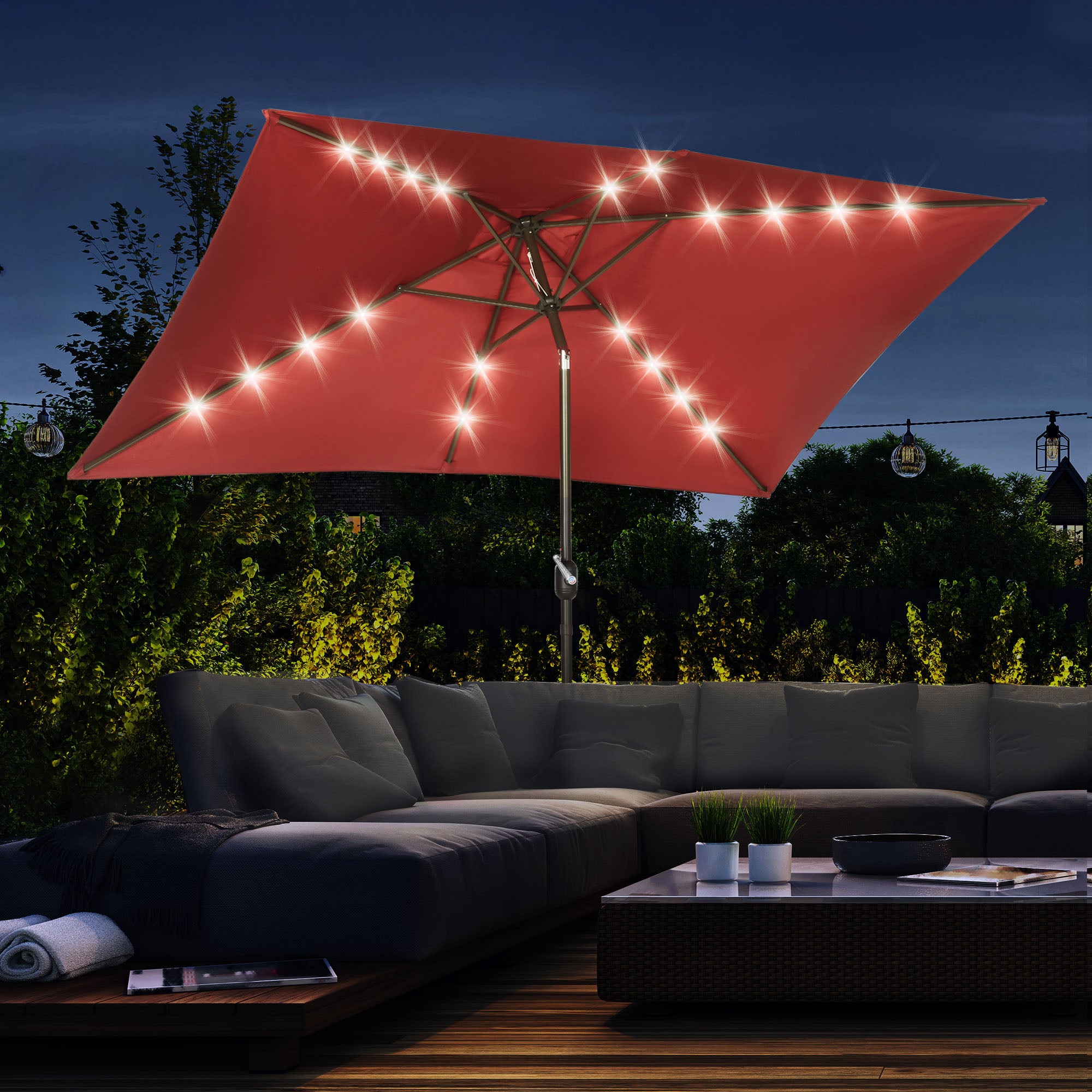 led patio umbrella canada Outsunny 6.5' x 10' Solar Rectangle Market Umbrella with LEDs, Wine Red