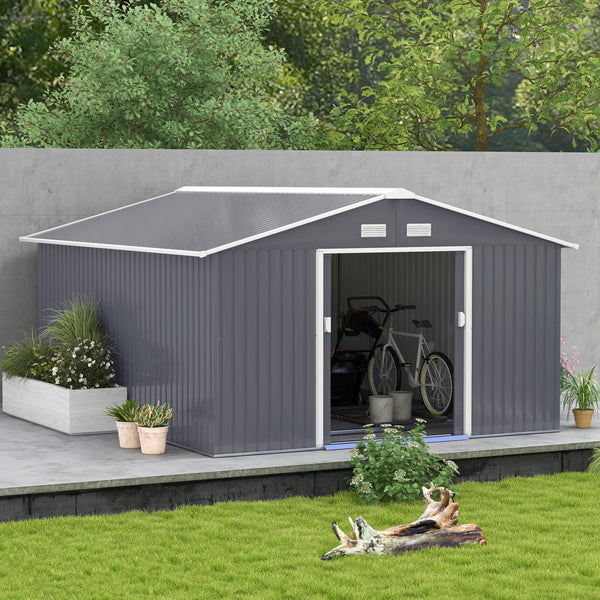 Outsunny 11' x 13' Outdoor Storage Shed, Garden Tool Metal Shed with Foundation Kit, Double Lockable Door, Air Vents and Sloping Roof, for Backyard, Patio, Lawn, Dark Gray