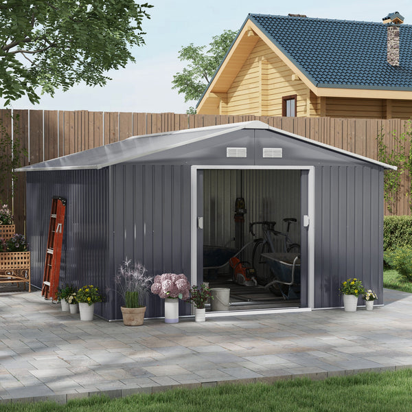 Outsunny 11' x 13' Outdoor Storage Shed, Garden Tool Metal Shed with Foundation Kit, Double Lockable Door, Air Vents and Sloping Roof, for Backyard, Patio, Lawn, Dark Gray