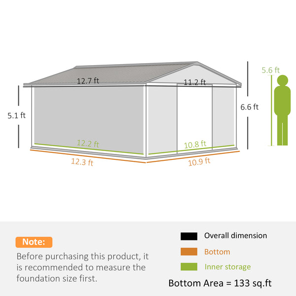 Outsunny 11' x 13' Outdoor Storage Shed, Garden Tool Metal Shed with Foundation Kit, Double Lockable Door, Air Vents and Sloping Roof, for Backyard, Patio, Lawn, Dark Gray