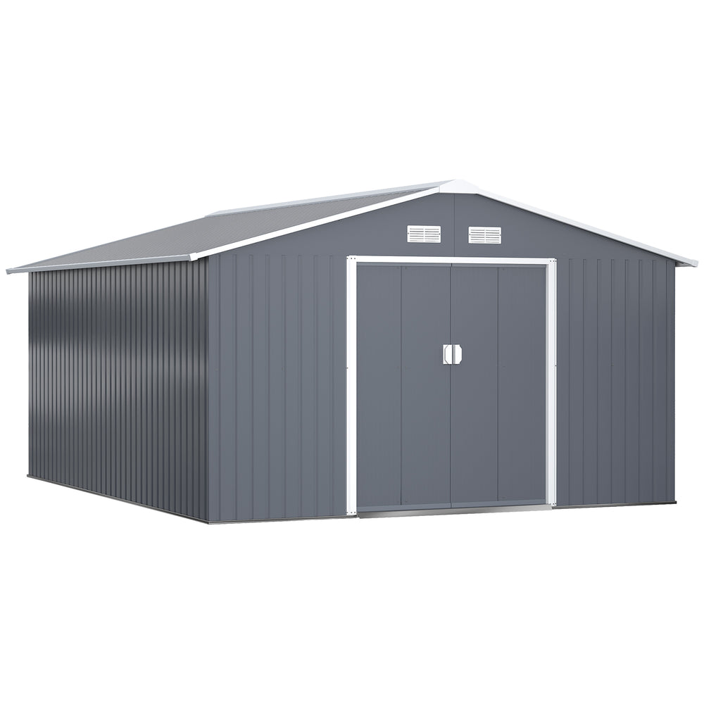 11' x 13' Garden Storage Shed with Foundation Kit, Metal Tool Storage House with Double Doors for Outdoor Patio Yard, Grey