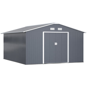 11' x 13' Garden Storage Shed with Foundation Kit, Metal Tool Storage House with Double Doors for Outdoor Patio Yard, Grey