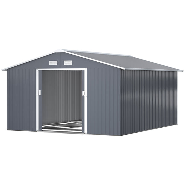 Outsunny 11' x 13' Outdoor Storage Shed, Garden Tool Metal Shed with Foundation Kit, Double Lockable Door, Air Vents and Sloping Roof, for Backyard, Patio, Lawn, Dark Gray