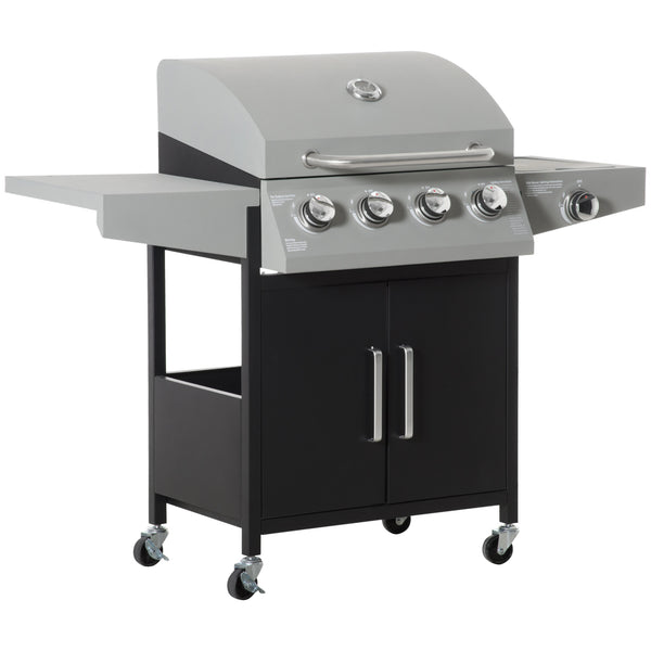 Outsunny 4 Burner Propane Gas Grill with Side Burner, 50,000 BTU Steel Outdoor Barbeque/Barbecue, Wheels, Warming Rack, Shelf, Cabinet, Thermometer, Silver