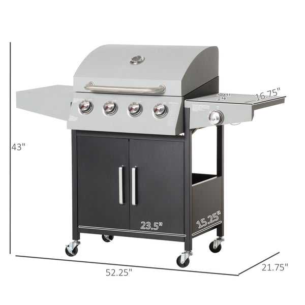 Outsunny 4 Burner Propane Gas Grill with Side Burner, 50,000 BTU Steel Outdoor Barbeque/Barbecue, Wheels, Warming Rack, Shelf, Cabinet, Thermometer, Silver