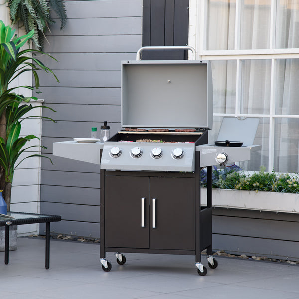 Outsunny 4 Burner Propane Gas Grill with Side Burner, 50,000 BTU Steel Outdoor Barbeque/Barbecue, Wheels, Warming Rack, Shelf, Cabinet, Thermometer, Silver