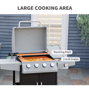 Outsunny 4 Burner Propane Gas Grill with Side Burner, 50,000 BTU Steel Outdoor Barbeque/Barbecue, Wheels, Warming Rack, Shelf, Cabinet, Thermometer, Silver