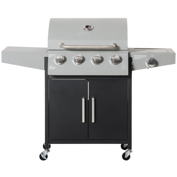 Outsunny 4 Burner Propane Gas Grill with Side Burner, 50,000 BTU Steel Outdoor Barbeque/Barbecue, Wheels, Warming Rack, Shelf, Cabinet, Thermometer, Silver