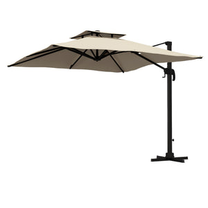 10ft Square Cantilever Patio Umbrella, 360° Rotating Overhanging Umbrella with Cross Base, Crank Handle, Double Canopy, 8 Ribs, 250gsm Polyester, Khaki