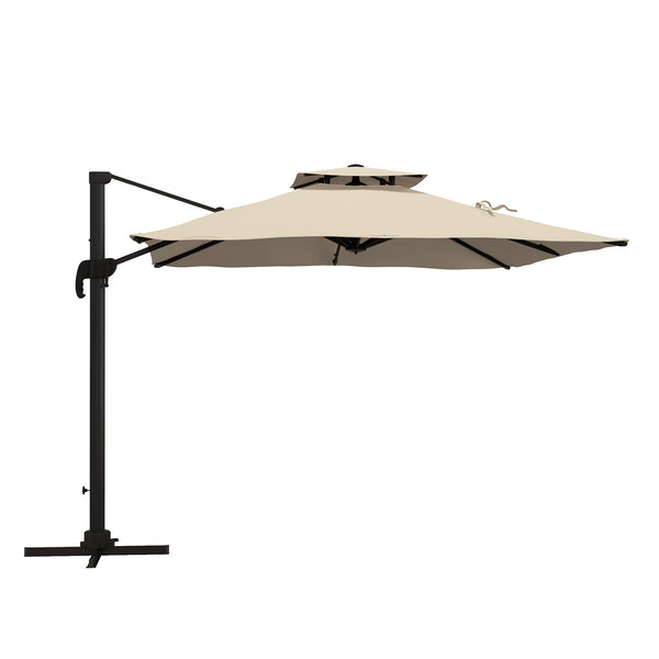 10ft Square Cantilever Patio Umbrella, 360° Rotating Overhanging Umbrella with Cross Base, Crank Handle, Double Canopy, 8 Ribs, 250gsm Polyester, Khaki