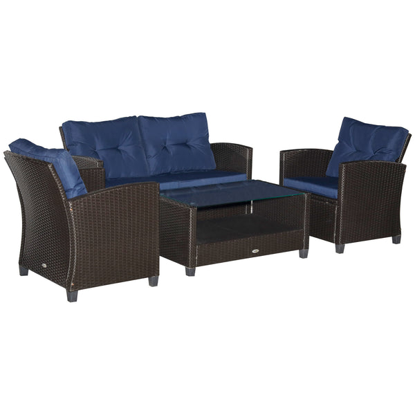 Outsunny 4 Pieces Patio Furniture Sets with Cushions, PE Rattan Wicker Conversation Chairs with Two-Tier Coffee Table for Backyard Porch Garden Poolside and Deck, Blue