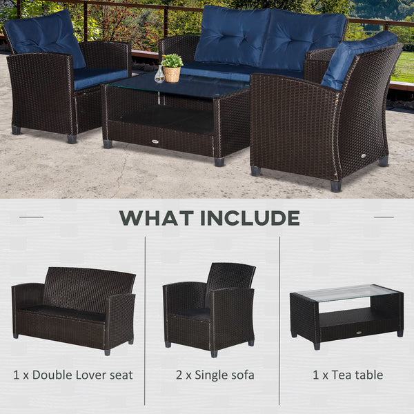 Outsunny 4 Pieces Patio Furniture Sets with Cushions, PE Rattan Wicker Conversation Chairs with Two-Tier Coffee Table for Backyard Porch Garden Poolside and Deck, Blue