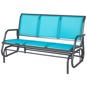 Outsunny 3-Person Patio Glider Bench, Outdoor Porch Glider Swing with 3 Seats, Breathable Mesh Fabric, Metal Frame, Blue