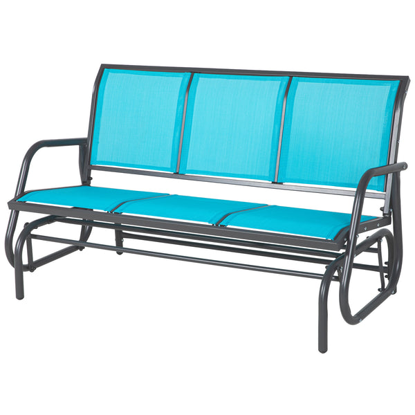 Outsunny 3-Person Patio Glider Bench, Outdoor Porch Glider Swing with 3 Seats, Breathable Mesh Fabric, Metal Frame, Blue