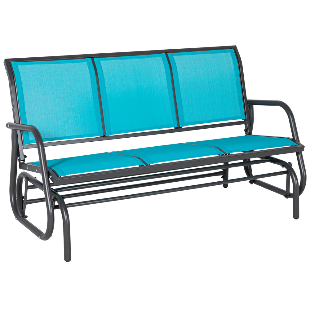 Outsunny 3-Person Patio Glider Bench, Outdoor Porch Glider Swing with 3 Seats, Breathable Mesh Fabric, Metal Frame, Blue