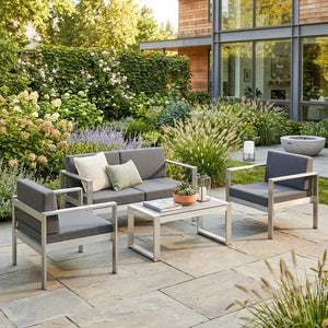 4 Seater Aluminium Garden Furniture Set, Olefin Cushions, Extra Wide Deep Garden Sofa Set with Loveseat, 2 Chairs, Faux Wood Table, Brushed Outdoor Furniture Conversation Sets, Dark Grey