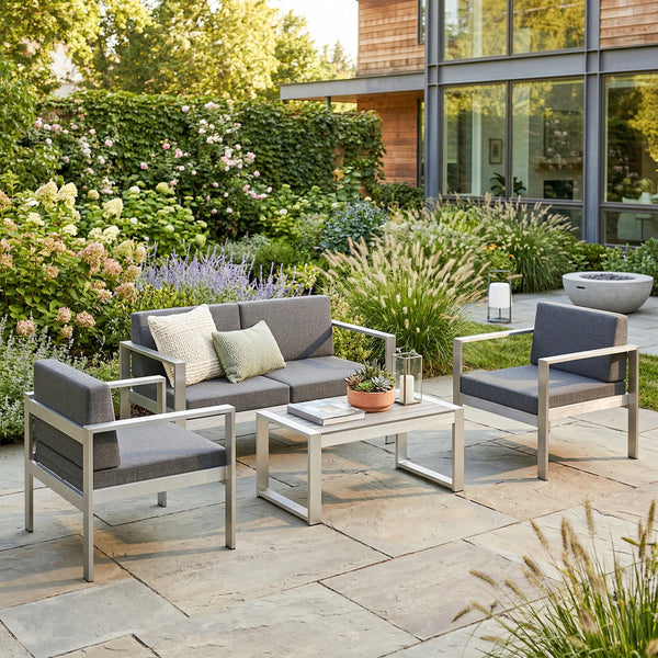 4 Seater Aluminium Garden Furniture Set, Olefin Cushions, Extra Wide Deep Garden Sofa Set with Loveseat, 2 Chairs, Faux Wood Table, Brushed Outdoor Furniture Conversation Sets, Dark Grey