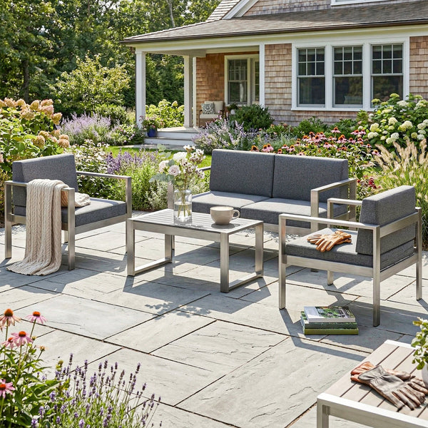 4 Seater Aluminium Garden Furniture Set, Olefin Cushions, Extra Wide Deep Garden Sofa Set with Loveseat, 2 Chairs, Faux Wood Table, Brushed Outdoor Furniture Conversation Sets, Dark Grey