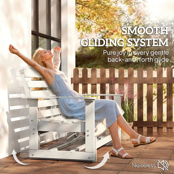 2-Person Outdoor Glider Bench Patio Double Swing Rocking Chair Loveseat w/ Slatted HDPE Frame for Backyard Garden Porch, Distressed White