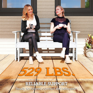 2-Person Outdoor Glider Bench Patio Double Swing Rocking Chair Loveseat w/ Slatted HDPE Frame for Backyard Garden Porch, Distressed White