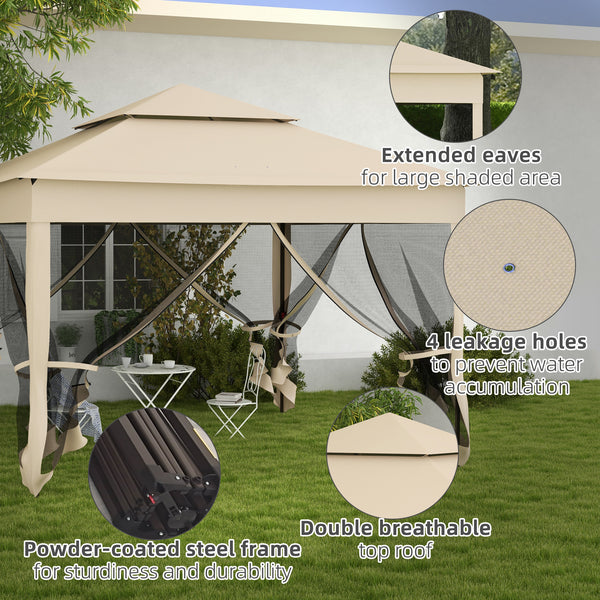 Outsunny 11' x 11' Pop Up Canopy, Outdoor Patio Gazebo Shelter with Removable Zipper Netting, Instant Event Tent w/ 114 Square Feet of Shade and Carry Bag for Backyard, Garden, Beige