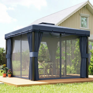 3 x 3(m) Patio Gazebo Canopy Garden Pavilion Tent Shelter Marquee with 2 Tier Water Repellent Roof, Mosquito Netting and Curtains, Aluminium Frame, Dark Blue