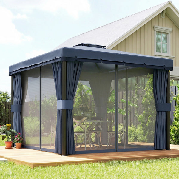 3 x 3(m) Patio Gazebo Canopy Garden Pavilion Tent Shelter Marquee with 2 Tier Water Repellent Roof, Mosquito Netting and Curtains, Aluminium Frame, Dark Blue